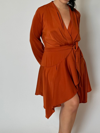 BURNT ORANGE WRAP DRESS, S